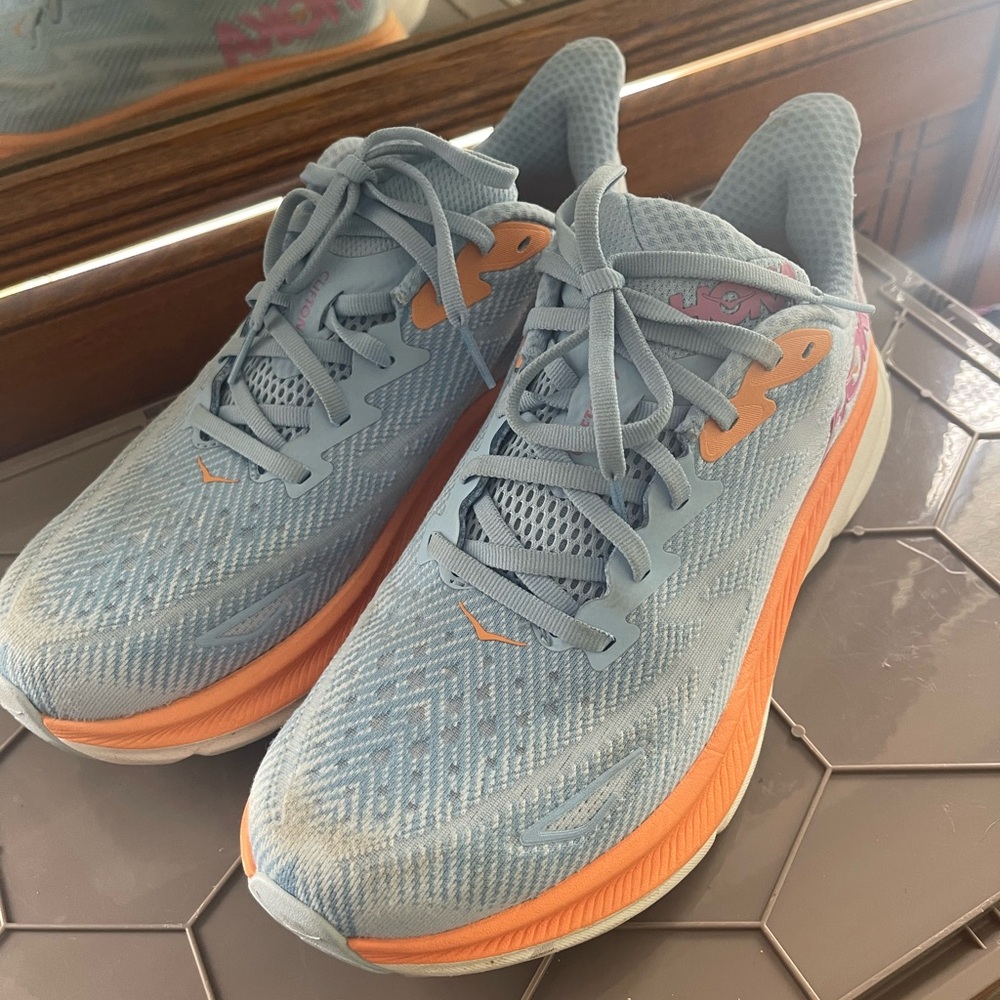Hoka Light Blue and Orange Athletic Shoes